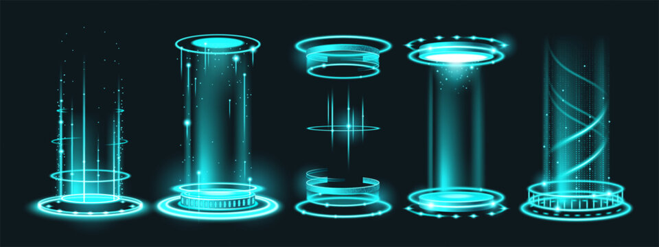 Glowing cyberpunk teleport gate with energy beams. Vector realistic illustration of holographic space portal with turquoise neon rings, fantasy game design elements set, virtual reality platform