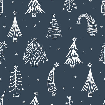 Hand drawn doodle trees seamless pattern, background, cute design, great for Christmas wrapping paper, fabrics, banners, wallpapers - vector design