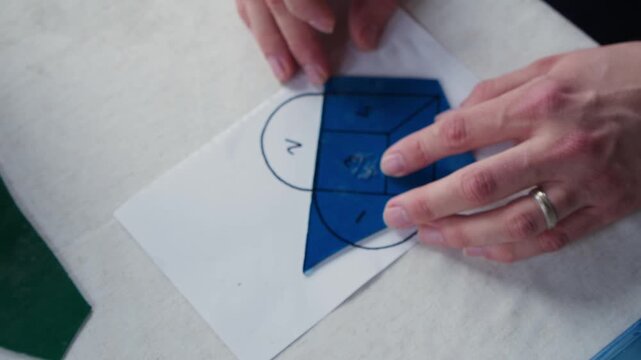 A man holds a blue piece of stained glass over a heart shaped template during an art class. The camera booms up to reveal more of the table.