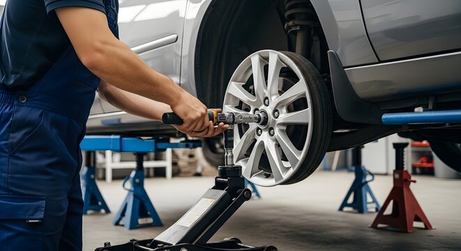 Professional car mechanic using a torque wrench to tighten bolts on a vehicle wheel at a modern automotive repair shop garage with professional lifting equipment and tools for maintenance