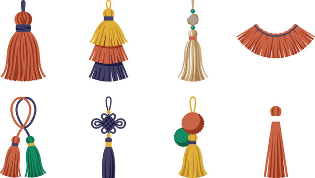 Decorative Tassel and Fringe Ornament Icon Set with Chinese Knot and Boho Pompom Elements for Craft Graphics