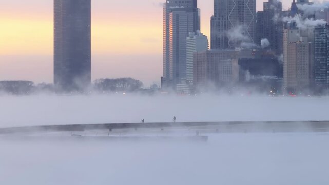 Telephoto aerial drone shot looking through a dense layer of sea smoke at people walking along a frozen breakwater pier near the base of downtown Chicago skyscrapers during a winter sunrise.