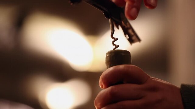 Closeup low angle view of corkscrew turning into wine bottle cork