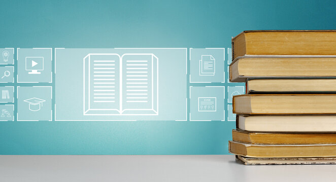 E learning tools and resources with stacked books and digital icons on a blue background for online education