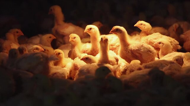 Fuzzy yellow chicks under heat lamp in dark barn on chicken farm