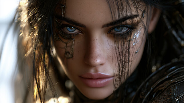 beautiful female warrior with captivating gaze and textured gold leaf face paint, young woman portrait with tousled dark brown hair, powerful fantasy warrior portrait featuring gold leaf makeup