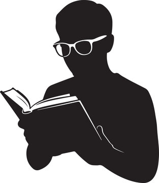 Intellectual student wearing glasses reading a book in this clean minimalist black and white vector illustration