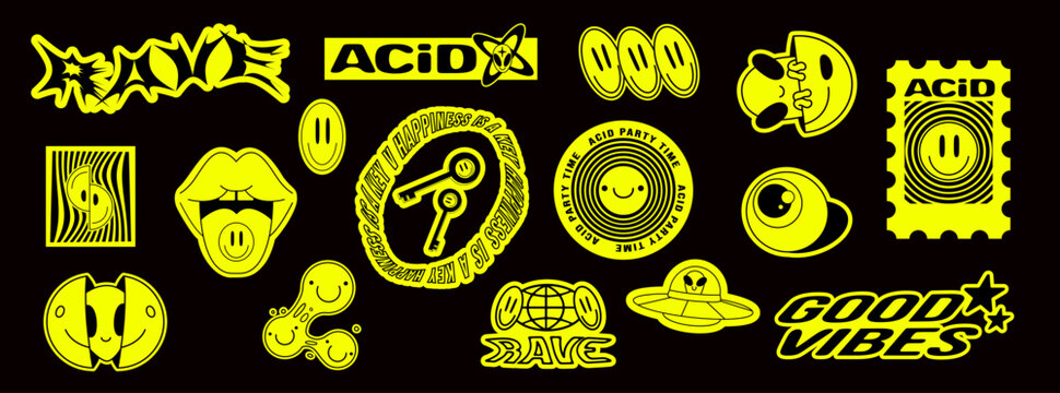 Y2K rave sticker set with trippy acid shapes isolated on black background. Vector illustration of psychedelic neon yellow icons, ufo and mouth with tongue stamps for party designs, cool urban graphics
