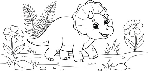 Cute Triceratops dinosaur coloring page for kids with flowers and plants in nature A cute cartoon triceratops dinosaur line art for children coloring book. © Malika