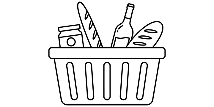 Grocery basket filled with bread bottle and jar flat icon for shopping.