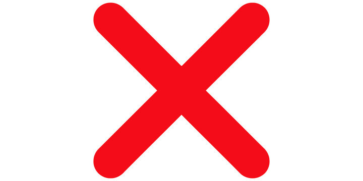 Bright red cross mark as flat icon for error or decline notification.