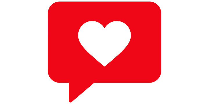 Red speech bubble with heart cutout flat icon for social media likes.