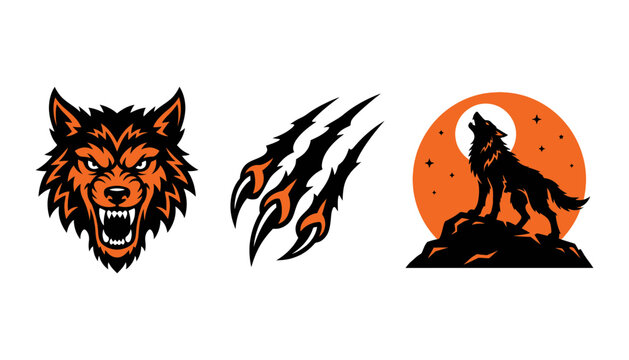 Three fierce wolf graphics featuring a snarling head claw marks and howling silhouette