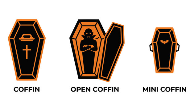 Three halloween coffins in different styles with orange and black colors