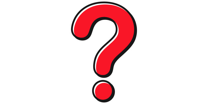 Red question mark with black outline flat icon for support help guides.