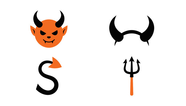 Cartoon devil face horns tail and trident isolated on a white background