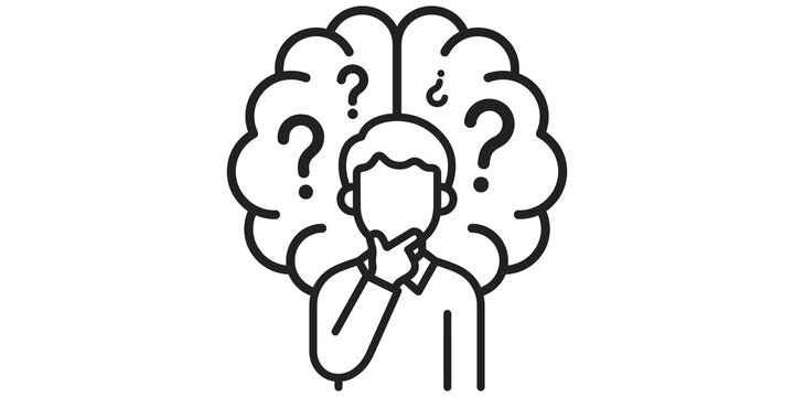 Thinking man brain symbol flat icon with question marks transparent png.
