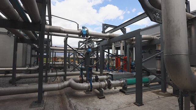 Panning: Flanged steel pipes control fluid flow in biogas facility