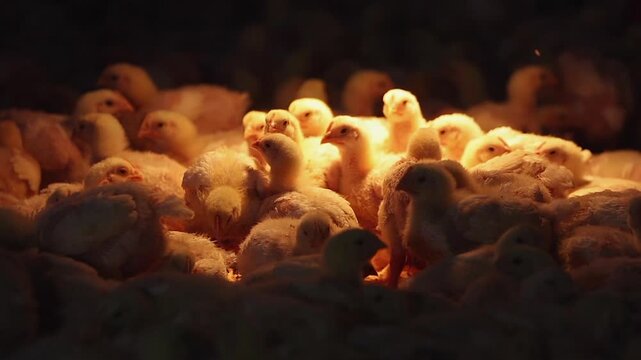 Fluffy little baby chicks crowd under yellow heat lamp in dark barn