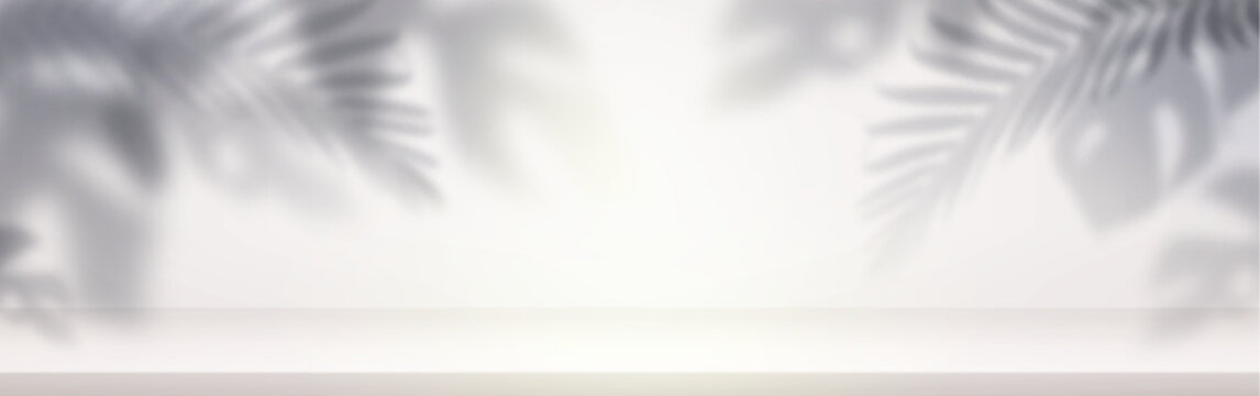 Soft palm foliage shadows on white wall background. Vector realistic illustration of organic tropical foliage silhouettes, sunlight creating natural overlay effect, botanical design, summer backdrop