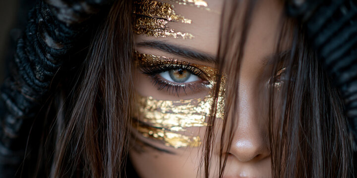 beautiful female warrior with captivating gaze and textured gold leaf face paint, young woman portrait with tousled dark brown hair, powerful fantasy warrior portrait featuring gold leaf makeup