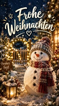 Snowman in festive winter garden with christmas greeting