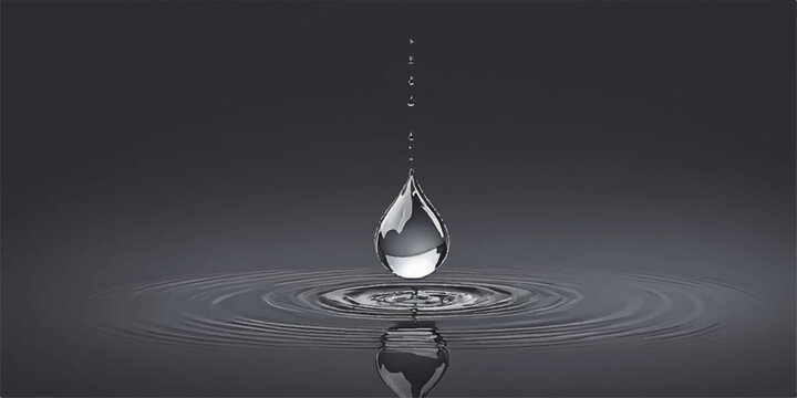 Water Drop Splash and Ripple on Black Background, Clear Transparent Liquid Droplet Falling with Reflection, Macro Abstract Motion and Pure Clean Water Texture