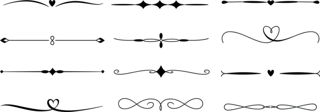 Romantic heart calligraphic text dividers line set, elegant wedding diamond flourish page accent vector illustration