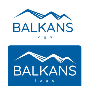 Minimalist Balkans logo featuring stylized mountain ridges in blue and white color options. Perfect for travel agencies, outdoor adventure brands, hiking clubs, tour operators, and alpine tourism.