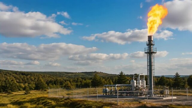 Natural gas flare at an industrial site in a rural landscape  