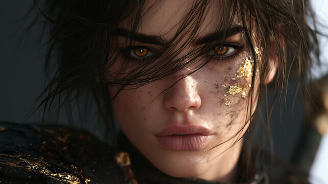 beautiful female warrior with captivating gaze and textured gold leaf face paint, young woman portrait with tousled dark brown hair, powerful fantasy warrior portrait featuring gold leaf makeup