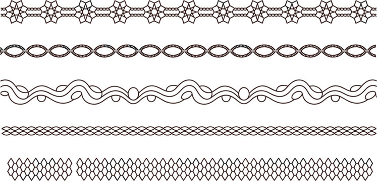 Vintage geometric line borders seamless pattern set, antique decorative chain wave trim vector illustration