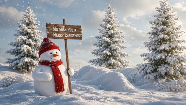 Title: Cute Snowman Holding Merry Christmas Wooden Sign in a Snowy Winter Landscape &ndash; 3D Illustration