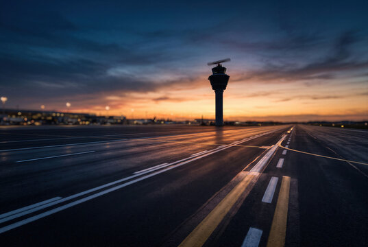 Airport tarmac and runway with aviation traffic control tower on airfield at sunset dusk.