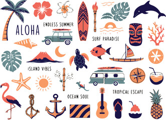 Tropical summer hand-drawn set with surfboards, palm trees, tiki masks, flamingos, and island vacation in orange and navy blue © Shahnaz
