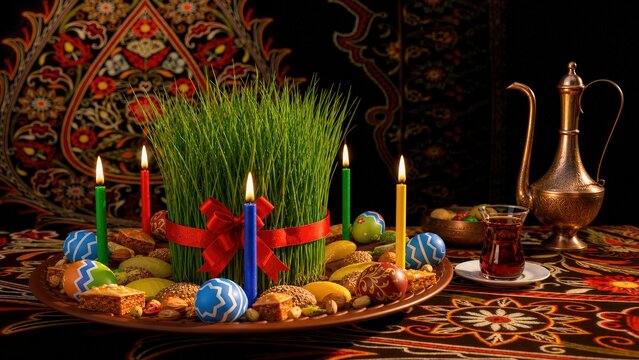 Traditional Nowruz Celebration with Sabzeh, Colorful Eggs, Candles, Persian Sweets and Tea