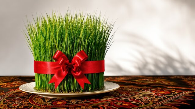 Nowruz Haft Sin Celebration with Fresh Sabzeh, Colorful Eggs and Nuts