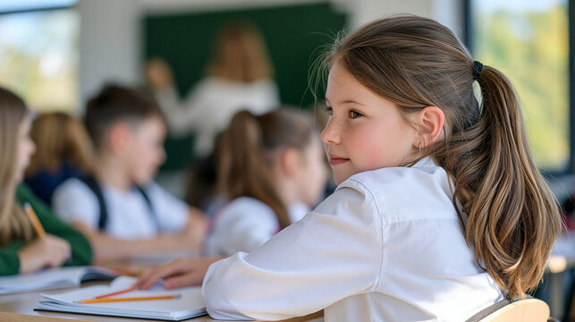 Schoolchildren sitting together at desks during the first lesson of the new academic year, notebooks open and pencils ready, teacher writing on a classroom board in the background, soft autumn dayli