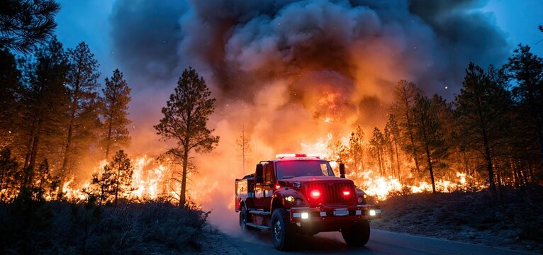 Pine forest ablaze at dusk with fierce flames and heavy smoke as firefighters work to control the wildfire.