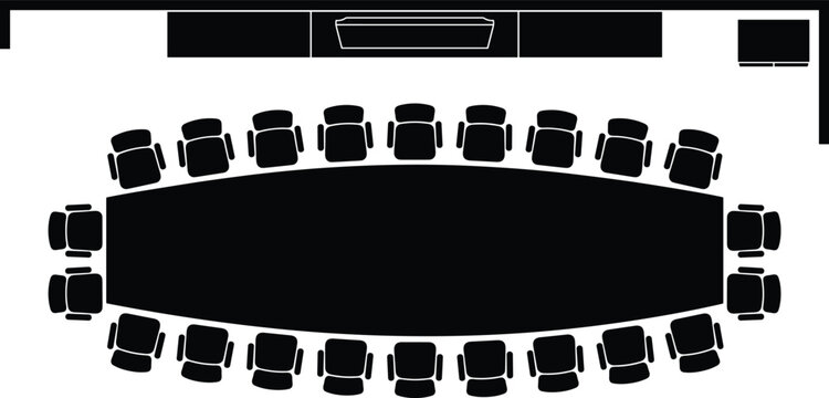Top view silhouette of a large corporate boardroom layout featuring an oval conference table and office chairs