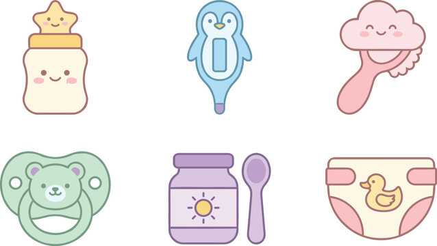 Cute Kawaii Baby Care Products Vector Set Featuring Cartoon Feeding Bottle, Penguin Thermometer, Cloud Hairbrush, Pacifier, Food Jar, and Diaper Characters