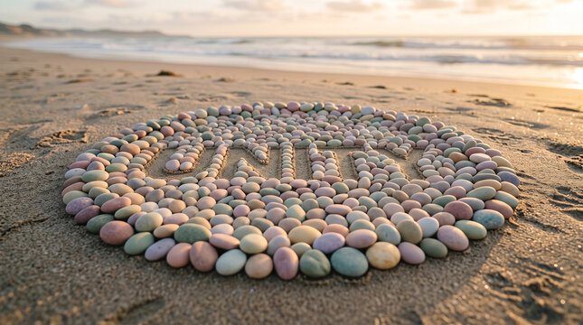 Smooth colorful pebbles arranged in a circular pattern spelling the word unity on sandy beach with multicolored stones arranged arranged large circle sand beach forming