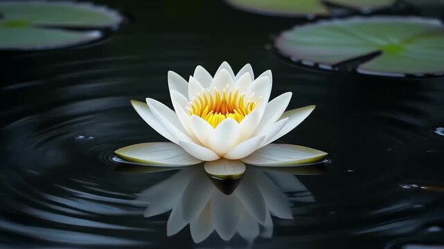 White Water Lily Blooming on Still Pond with Reflection