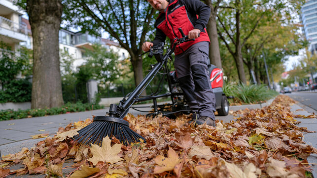 Worker clearing fallen leaves from a large public park pathway using a powerful walk-behind leaf vacuum machine, dense autumn foliage on both sides of the path, benches and trees in the distance, na