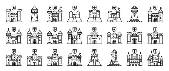 Collection of Castle and Tower Icons in Outline Style