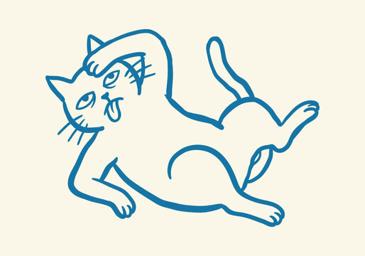 Funny blue line art illustration of a silly cat grooming itself while sticking its tongue out.