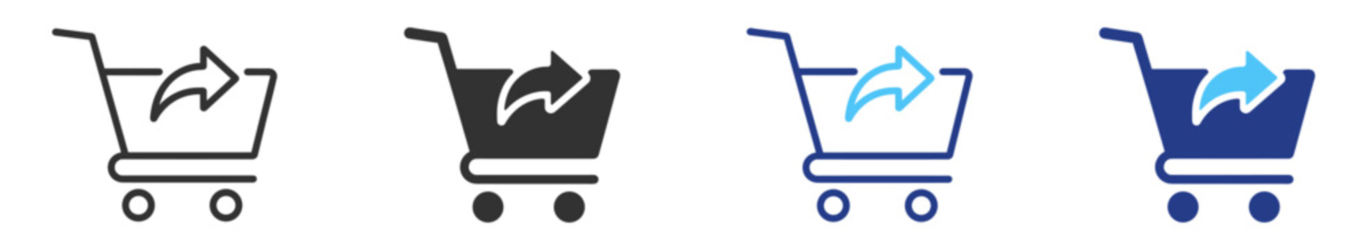 Shopping cart share icon set, retail cart with forwarding arrow in outline and glyph styles on transparent background