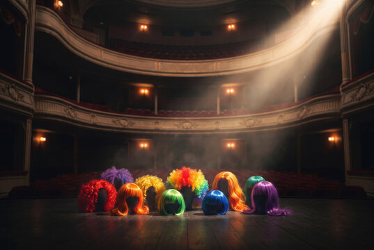 Colorful wigs on theater stage under spotlight for costume drama and acting performance props.