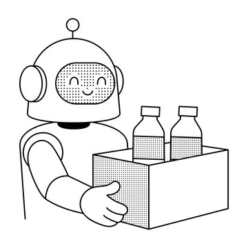 A humanoid robot carries a large box filled with bottled items, illustrating robotic assistance with lifting, transport, and everyday support tasks.