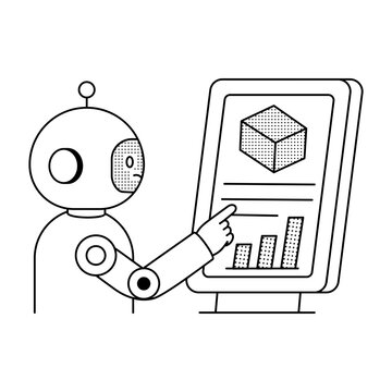 A robot points to a tablet displaying a 3D object and charts, representing digital manufacturing, production monitoring, and technology-driven workflows.